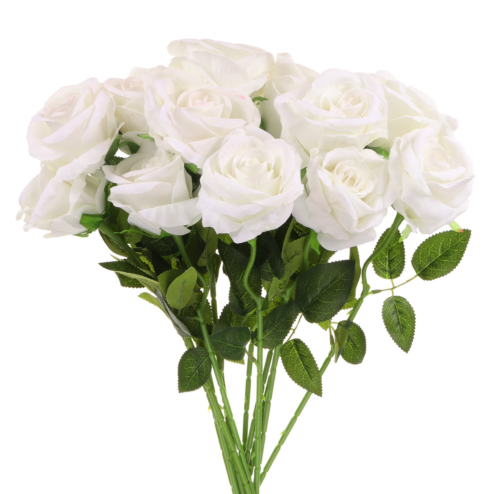 12Pcs White Roses Artificial Flowers Velvet Rose with Stems