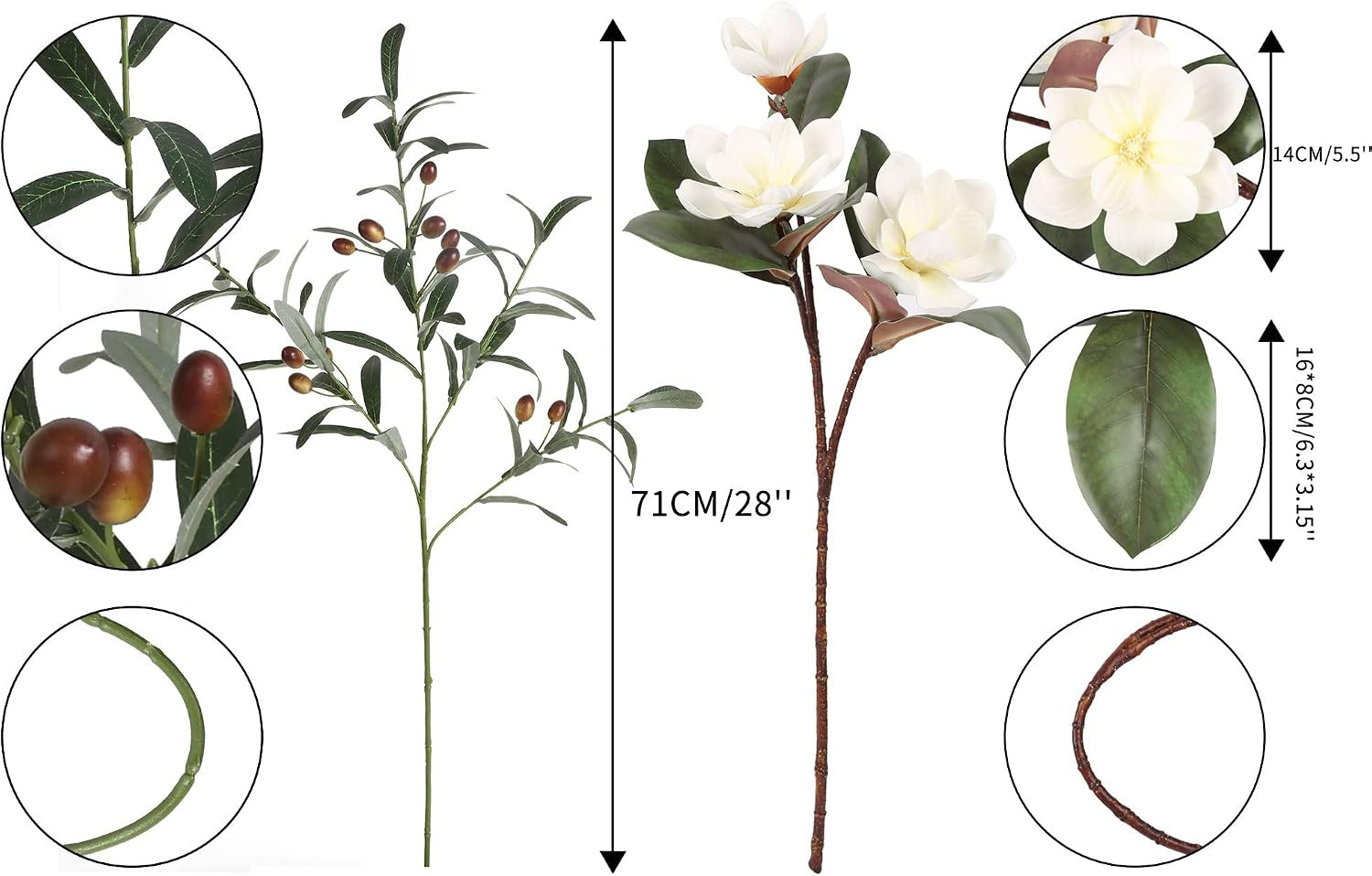 Real Touch White Silk Magnolia & Olive Branches for Tall Vase Home Decor