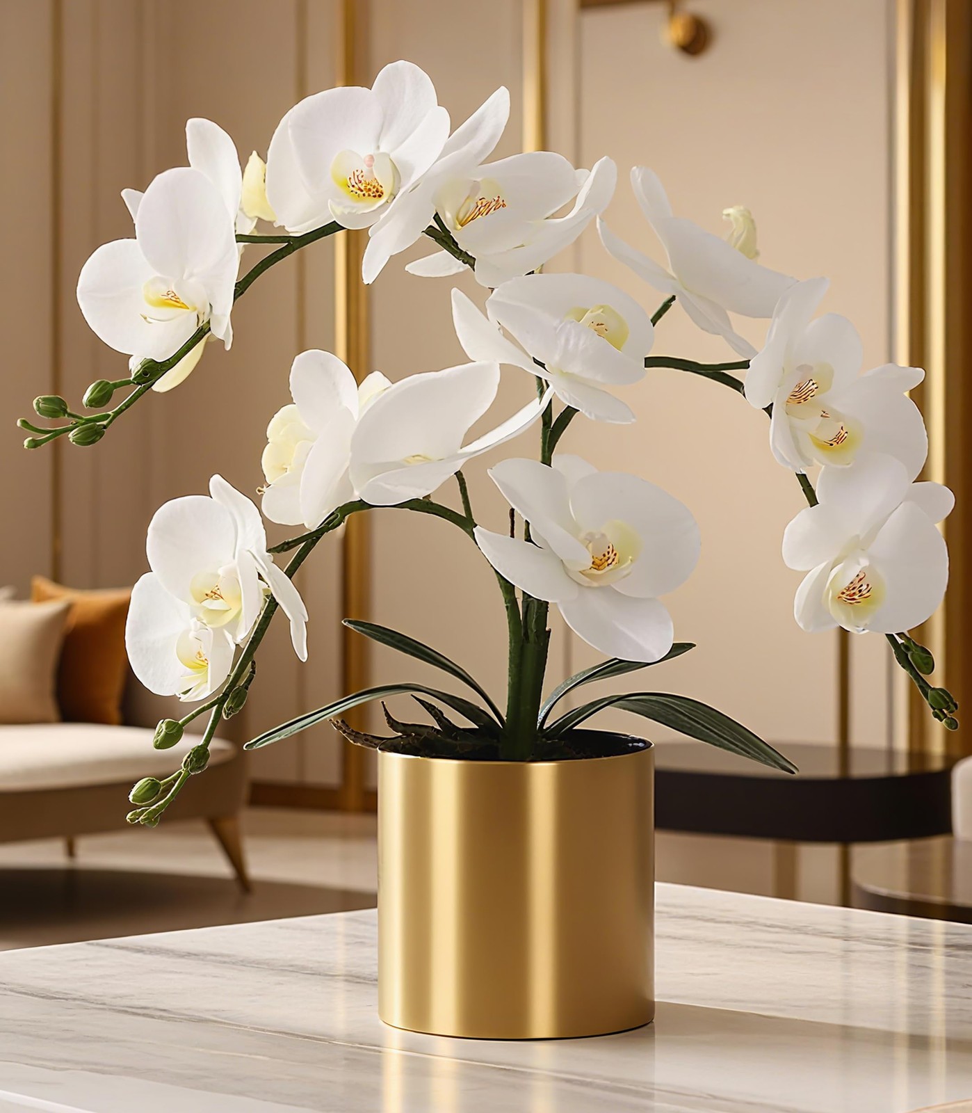 Artificial White Orchid Flowers Real Touch Faux Arrangement Gold Vase Decor