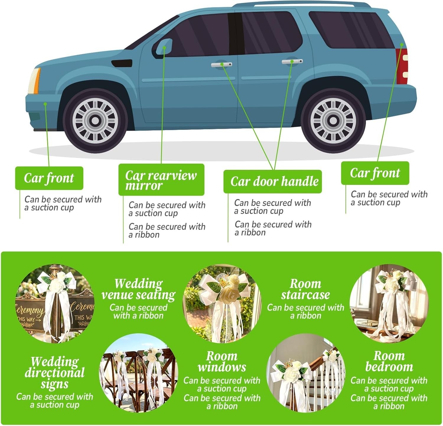 4PCS Wedding Car Door Handle Decorative Flowers, White Artificial Cars Bouquet F