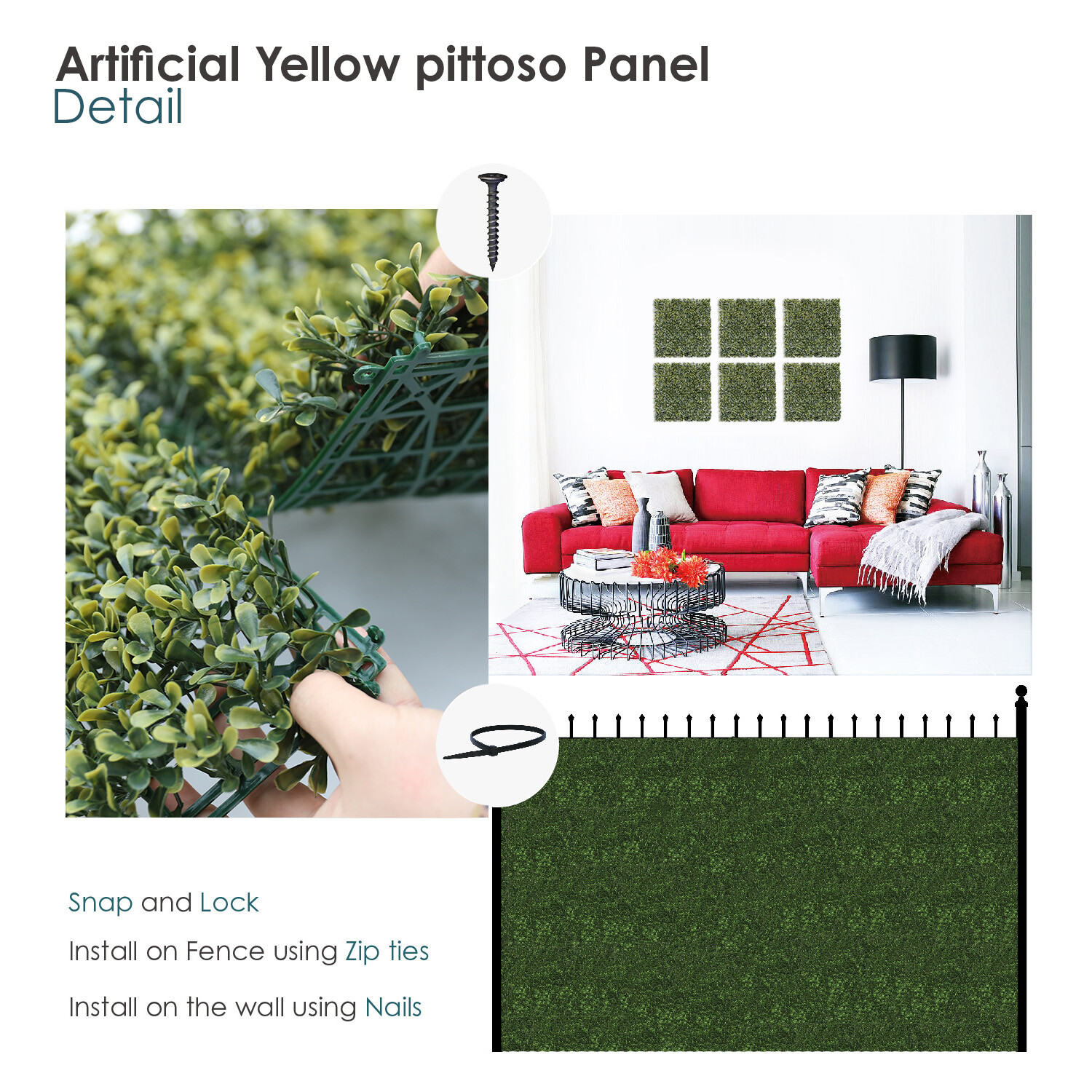 20x20in Artificial Yellow Pittoso Mat Wall Hedge Decor Privacy Fence Panel Grass