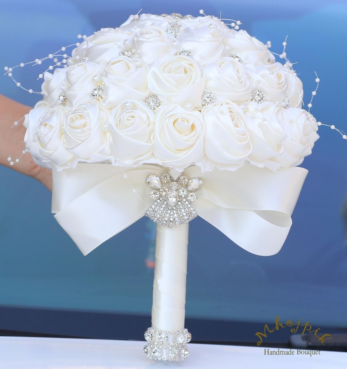 Bridal Wedding Bouquet Round Bling Brooch Holding Bouquet Artificial Rose Flo…