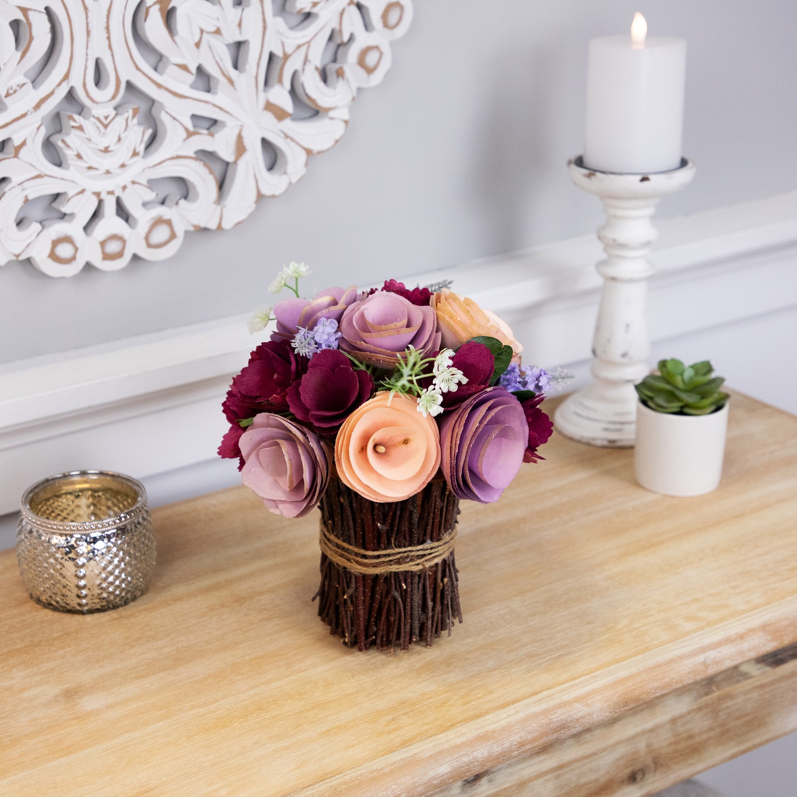 Northlight Wooden Floral Artificial Spring Bouquet – 9.5″ – Wine Red and Purple