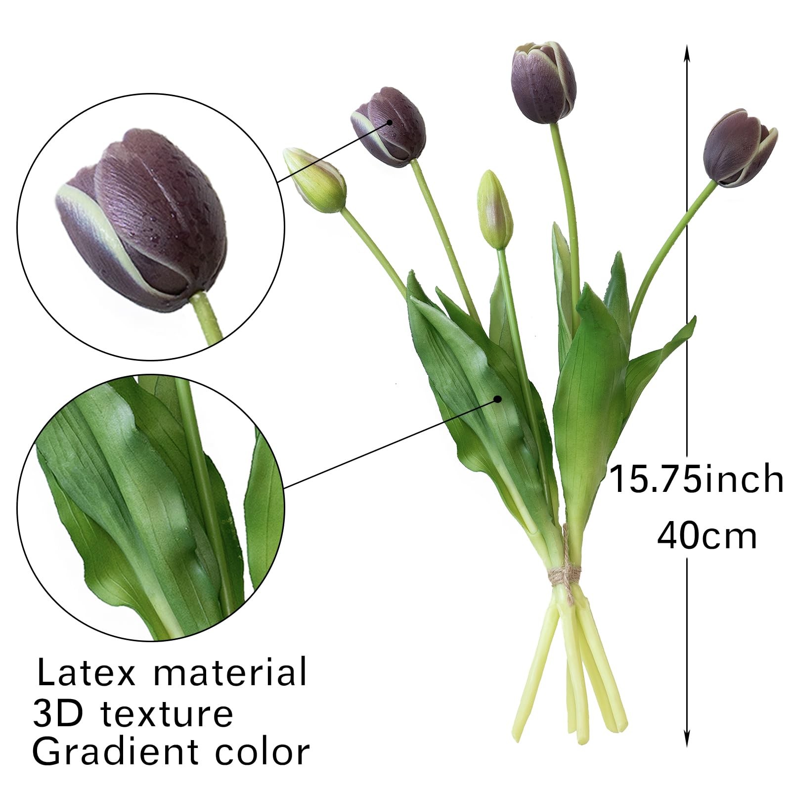 15 PCS Artificial Tulips Latex Bouquet Fake Flowers Home Decor Dark Plum