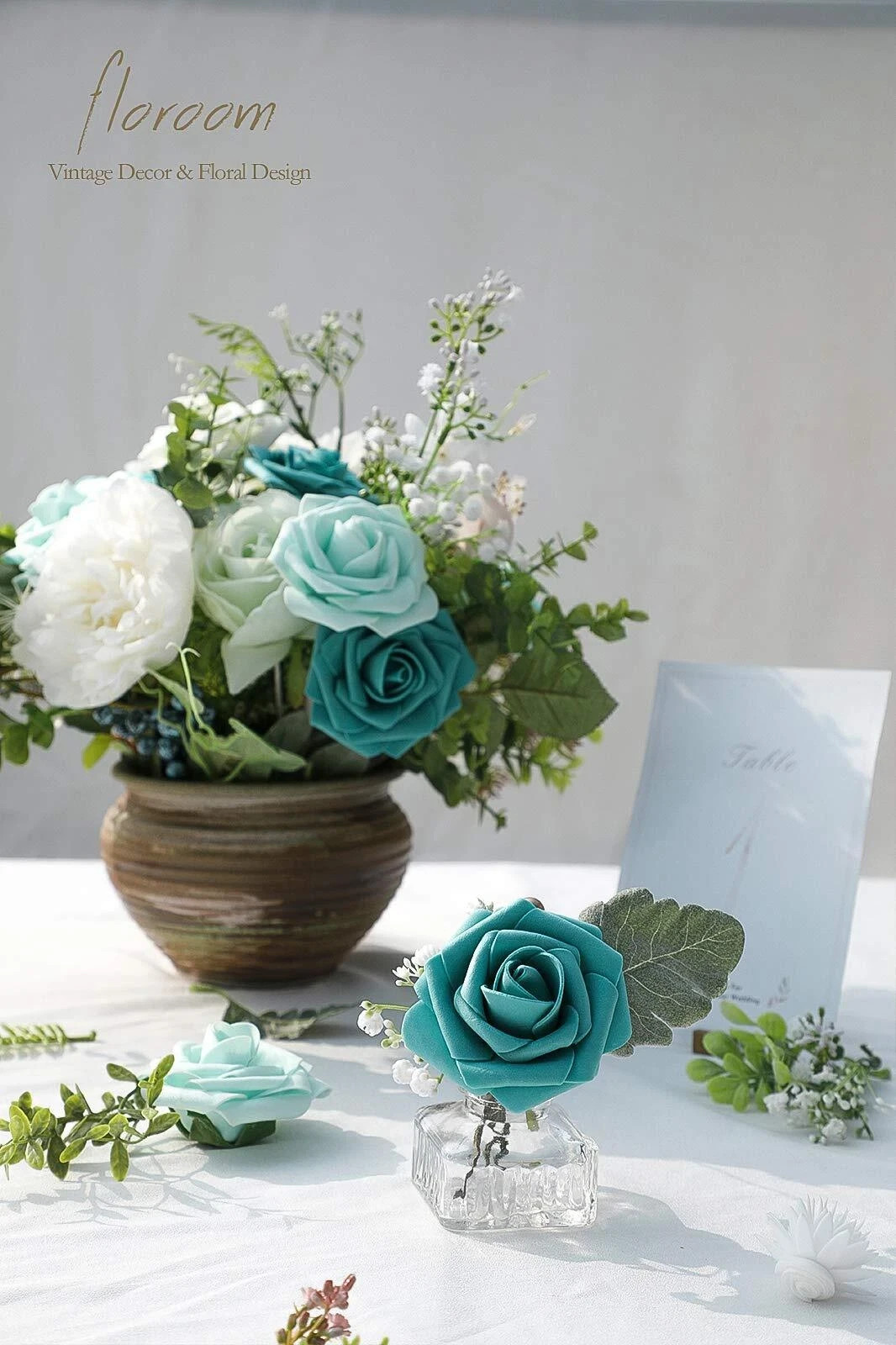 Artificial Flowers 25pcs Real Looking Teal Green Foam Fake Roses with Stems f…