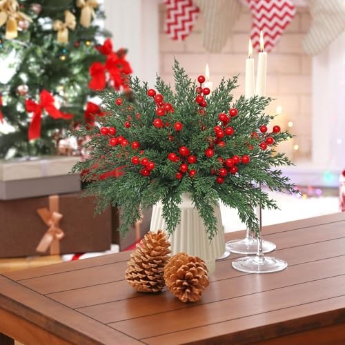 Christmas Artificial Pine Branches Pcs Faux Norfolk Pine Stems with Red 60