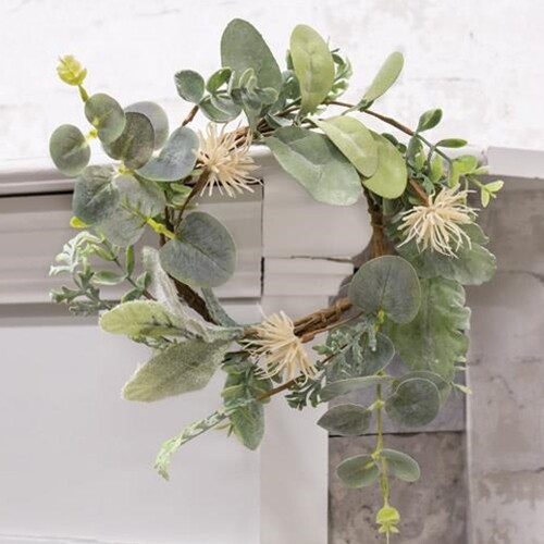 New Cottage Chic Farmhouse GREEN EUCALYPTUS LAMBS EAR CANDLE RING Wreath 4″