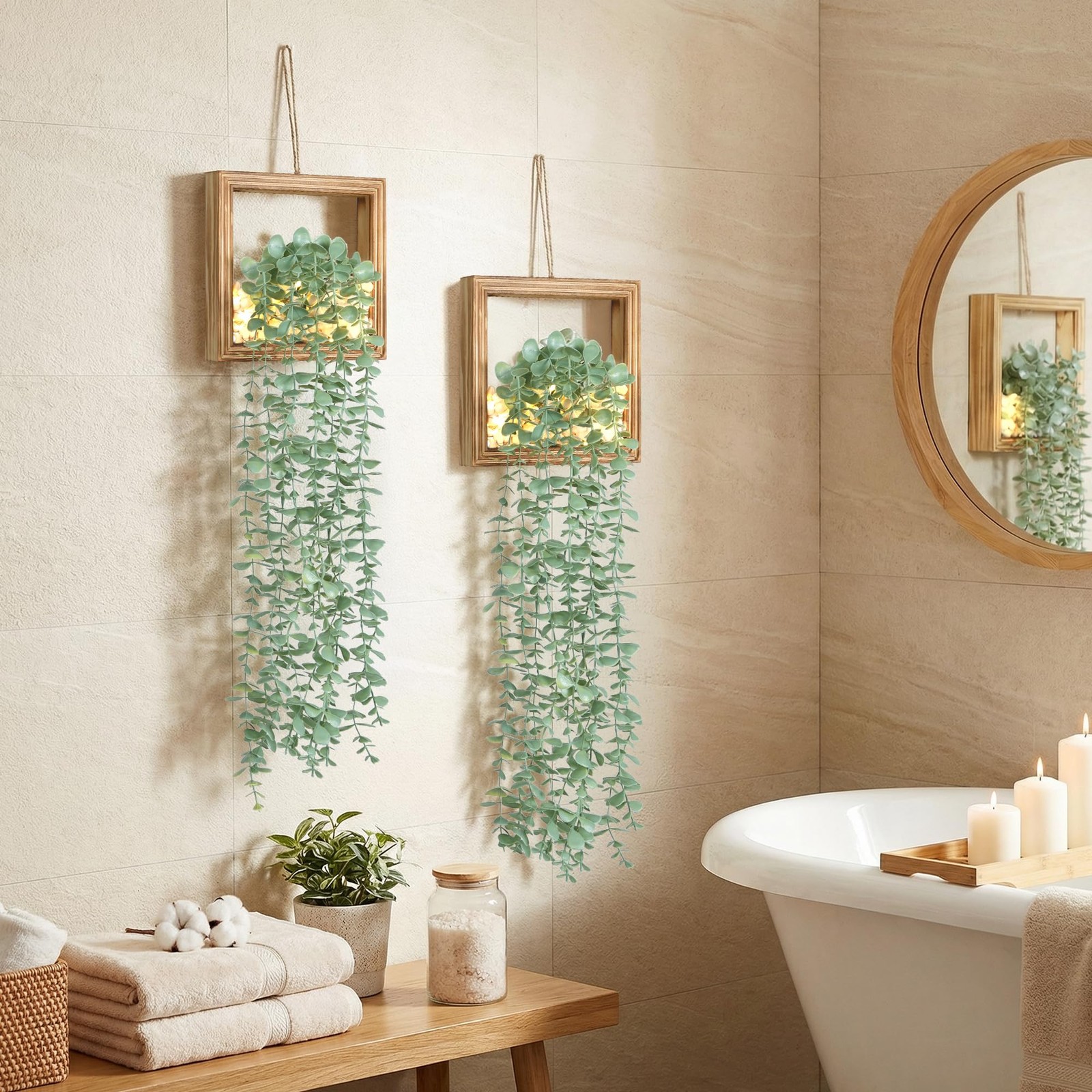 2 Pack Fake Plants Hanging, Artificial Eucalyptus Vines in Square Wooden Fram…