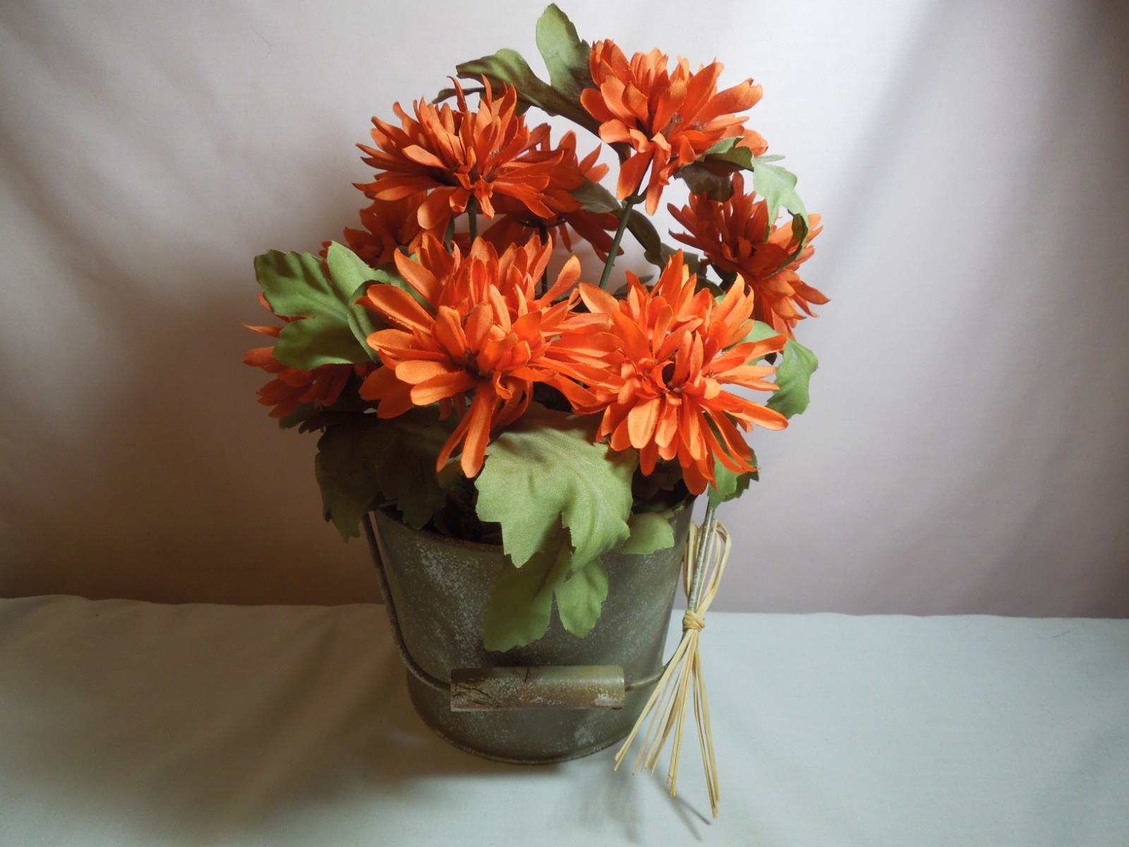 Fall Decoration Artificial Mums in a Rustic Pail with Raffia on Handle