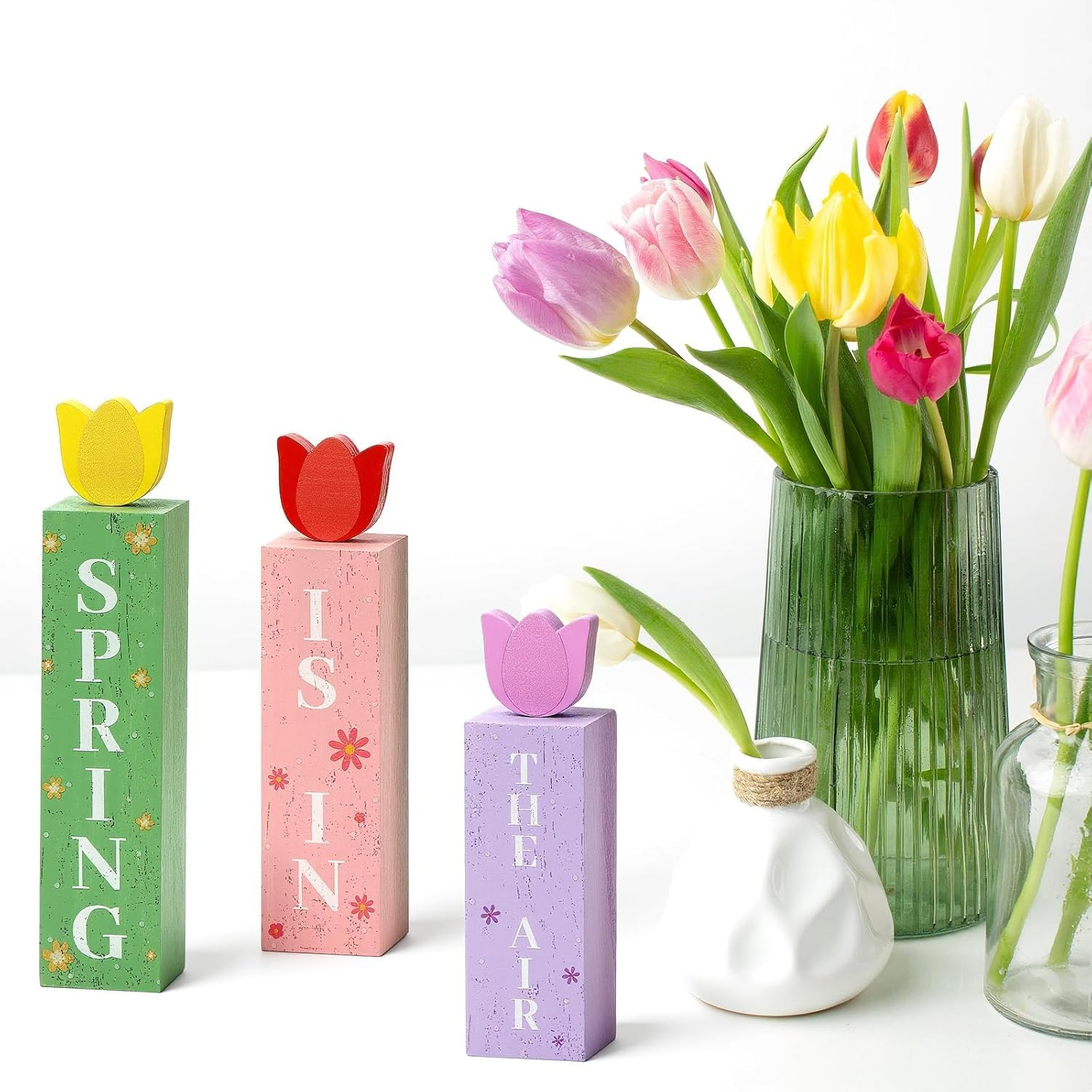 Spring Is In The Air Wooden Sign Set Farmhouse Tiered Tray Decor 3pc