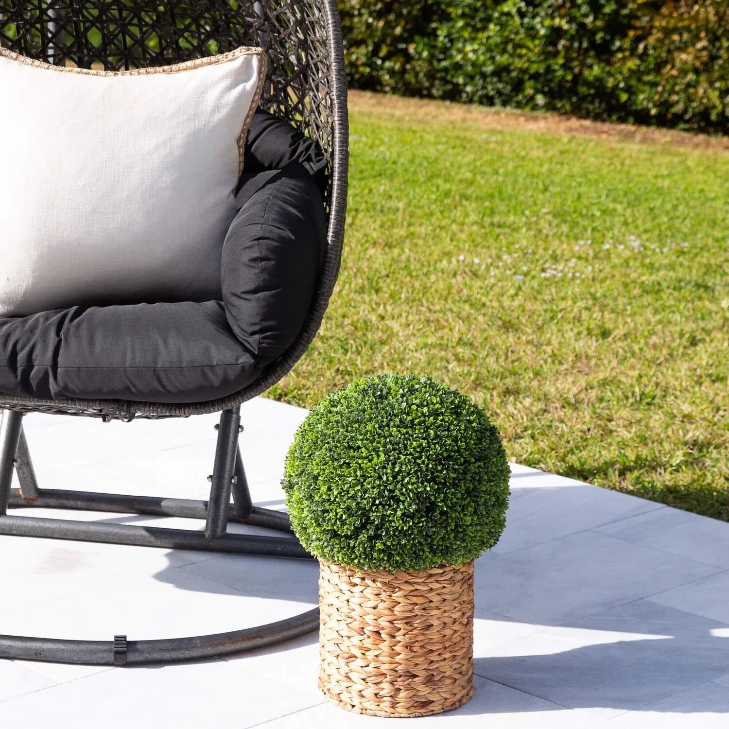 24” Artificial Boxwood UV Resistant Ball Topiary in Weave Basket Indoor/Outdoor