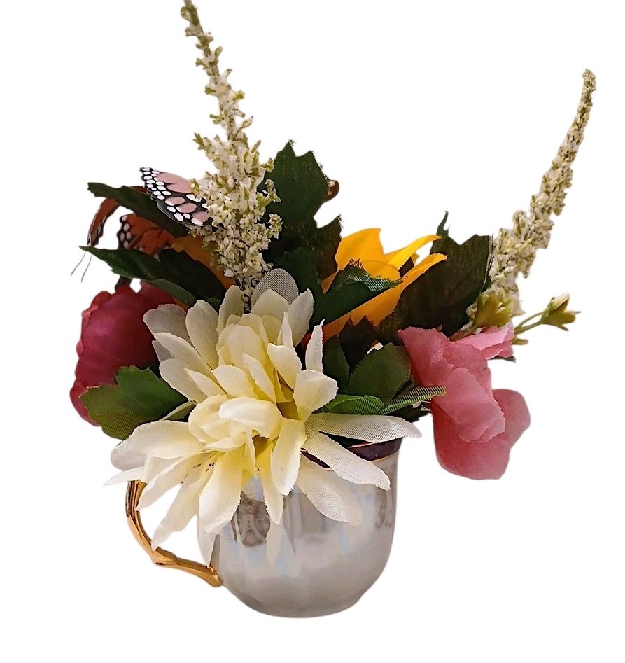 Pink Butterfly Floral Arrangement Tea Cup POP-IN Bridal Party Birthday Get Well