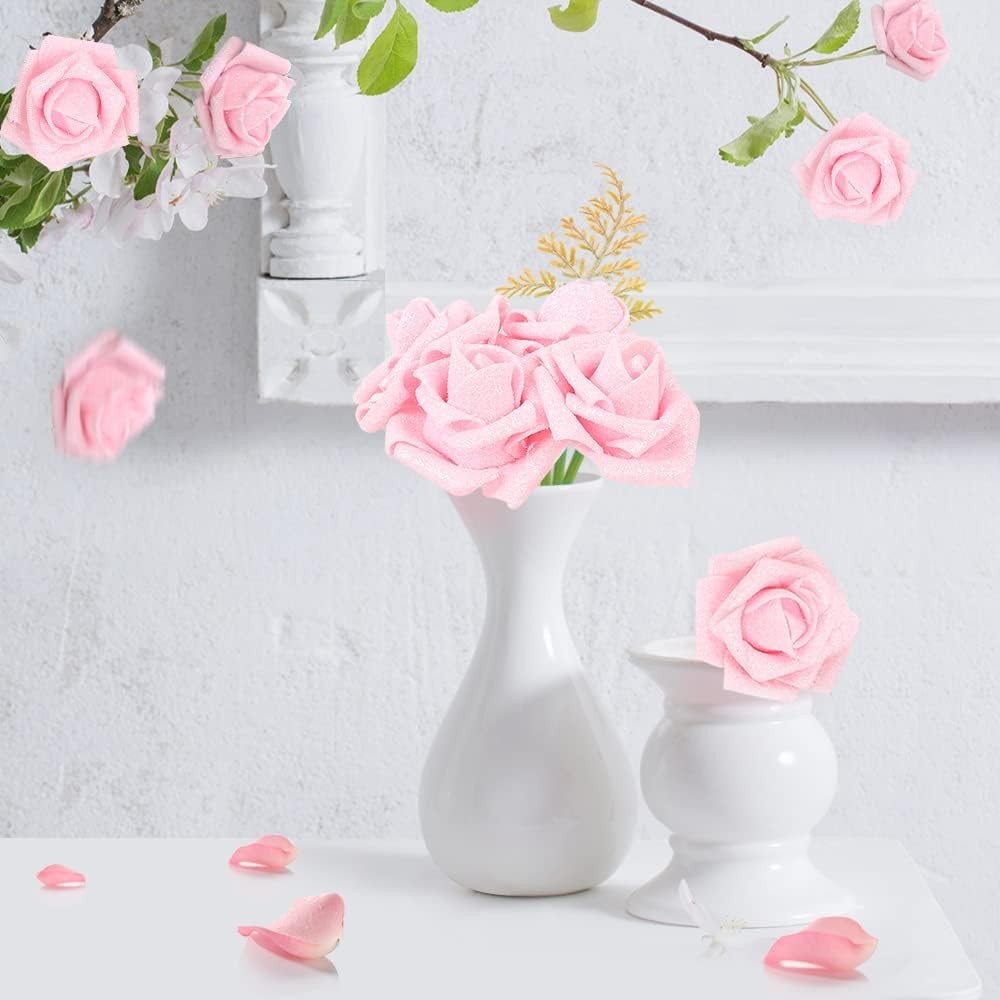Lifelike 25pcs Pink Glitter Artificial Roses – Wedding & Party Essentials