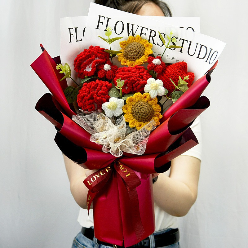 Completed Hand Knitted Crochet Flowers Bouquet Sunflower Daisy Lily Tulips Carna
