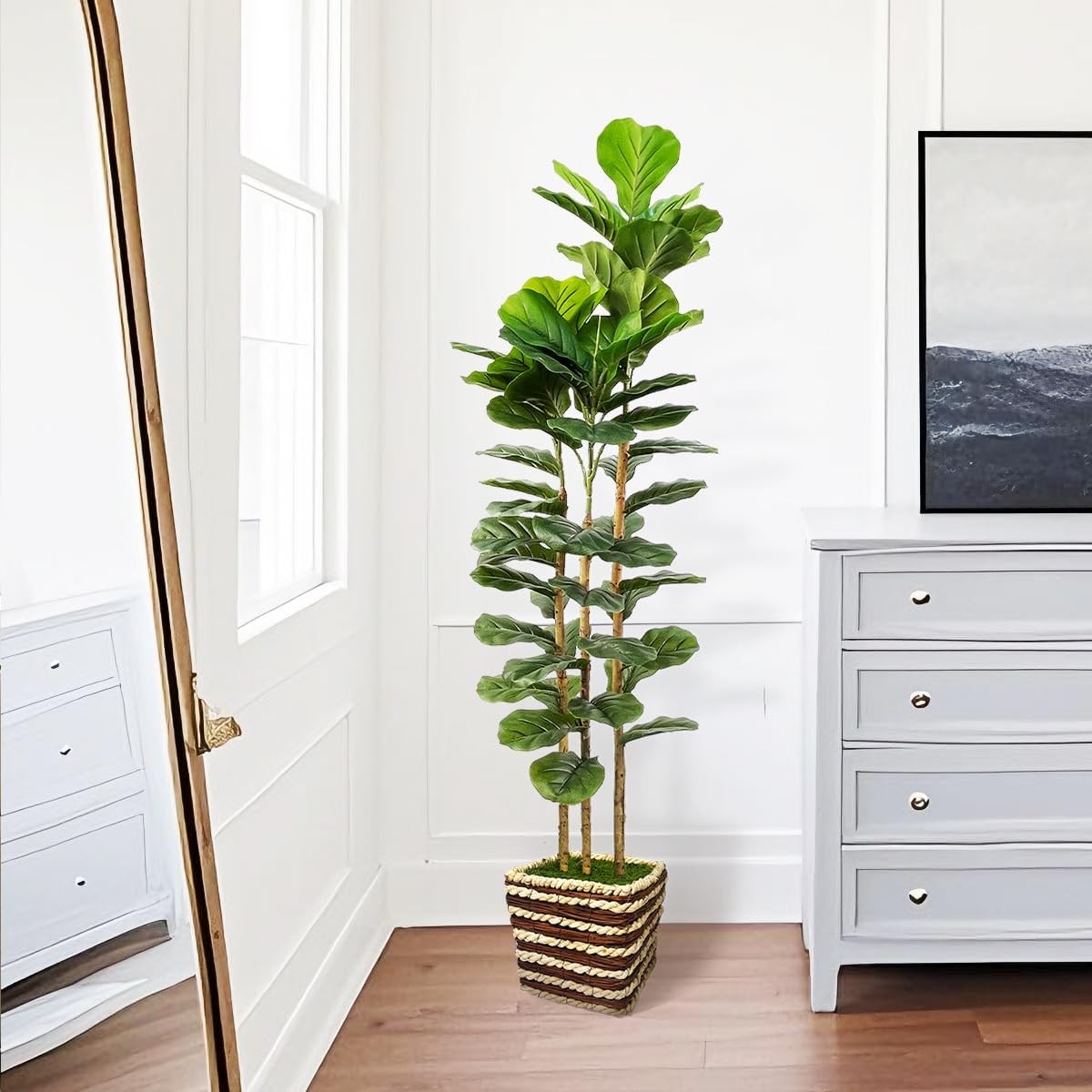 Artificial Fiddle Leaf Fig Tree Indoor with Woven Basket – 5ft Tall Fake Tree
