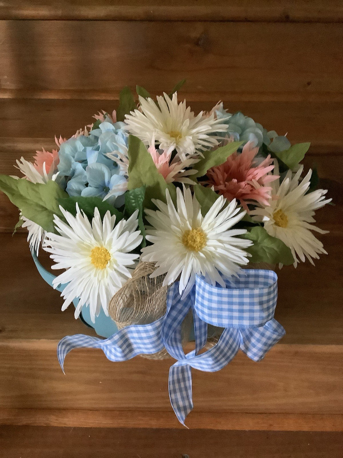 Artificial Daisy & Hydrangea Arrangement in Blue Basket, Floral