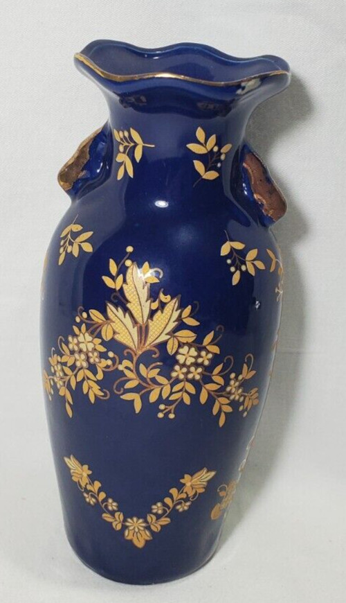 Hand-painted Dark Blue With Gold Floral Porcelain Vase Double Handle