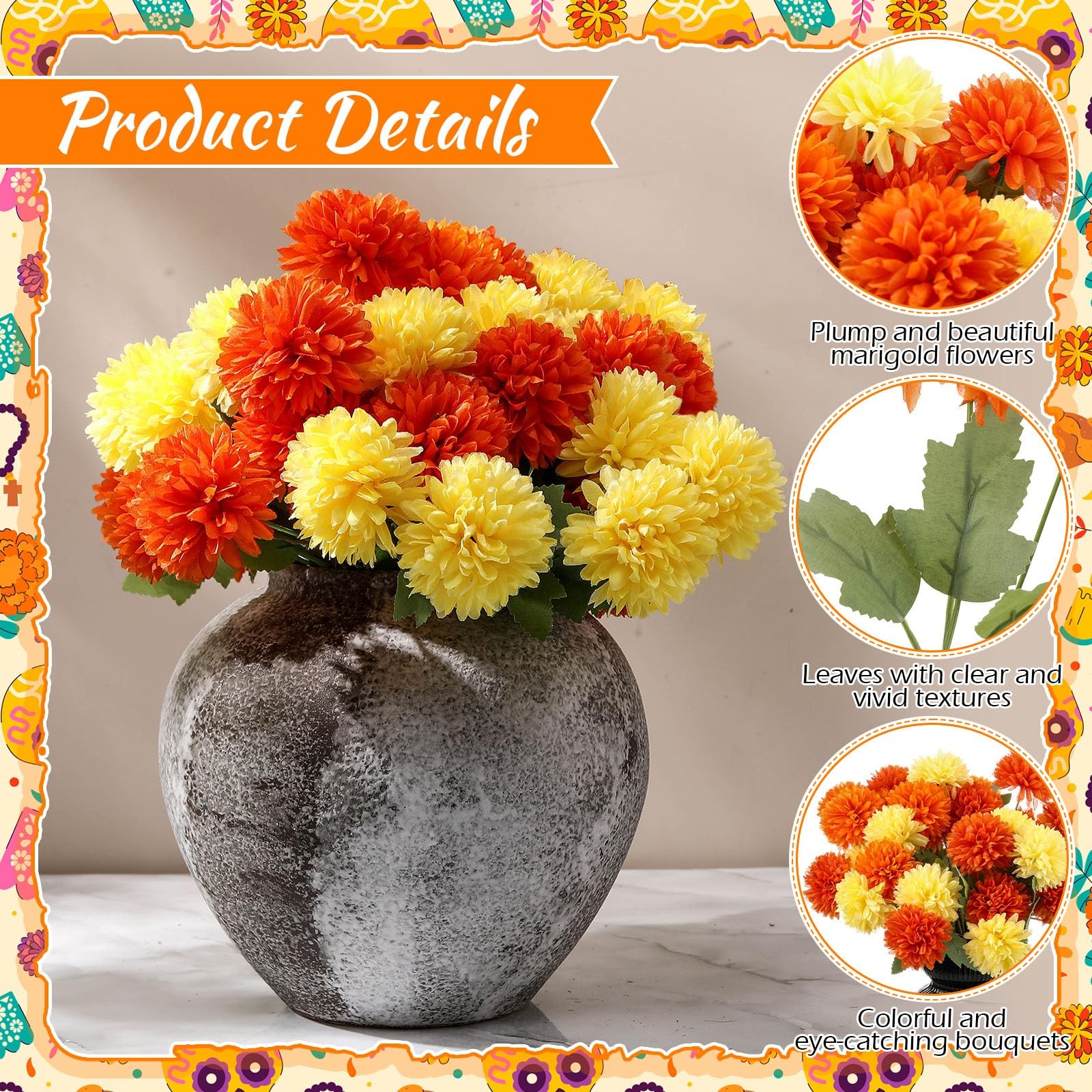 10 PCS Artificial Marigold Flower Faux Chrysanthemum Silk Bouquet Orange
