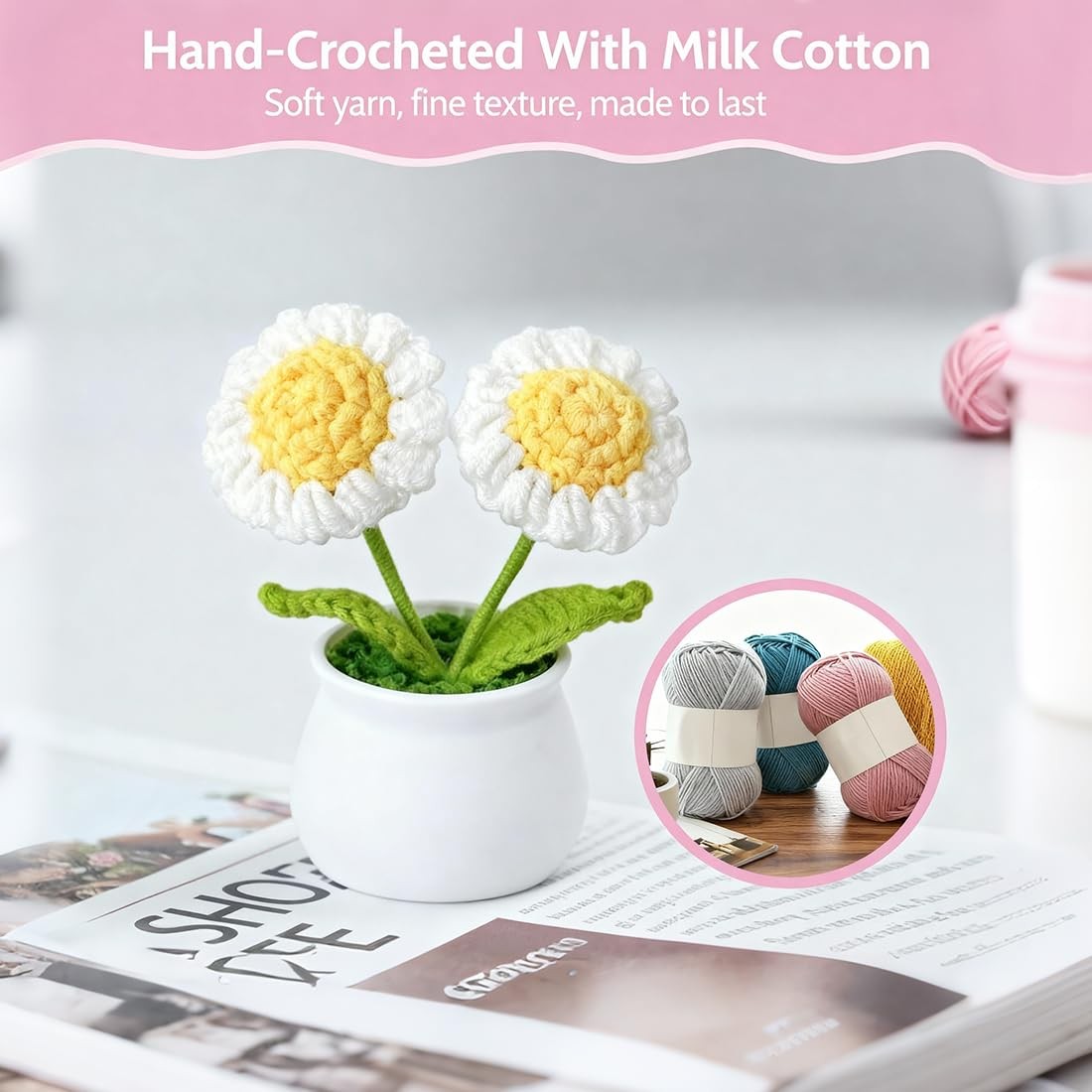 3 PCS Crochet Flower Pot Set Daisy Rose Forget Me Not Potted Gift Decor