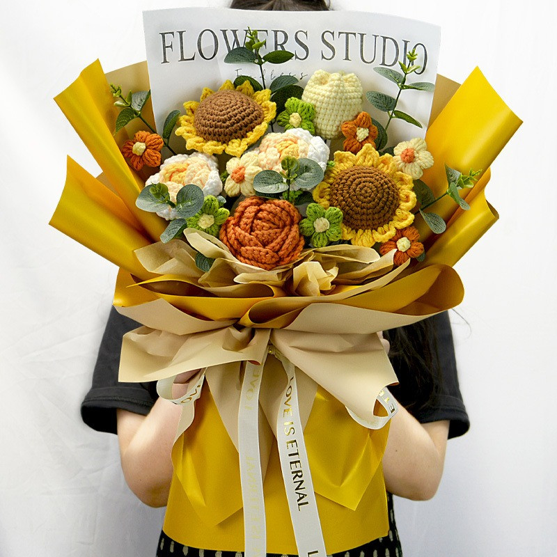 Completed Hand Knitted Crochet Flowers Bouquet Sunflower Daisy Lily Tulips Carna