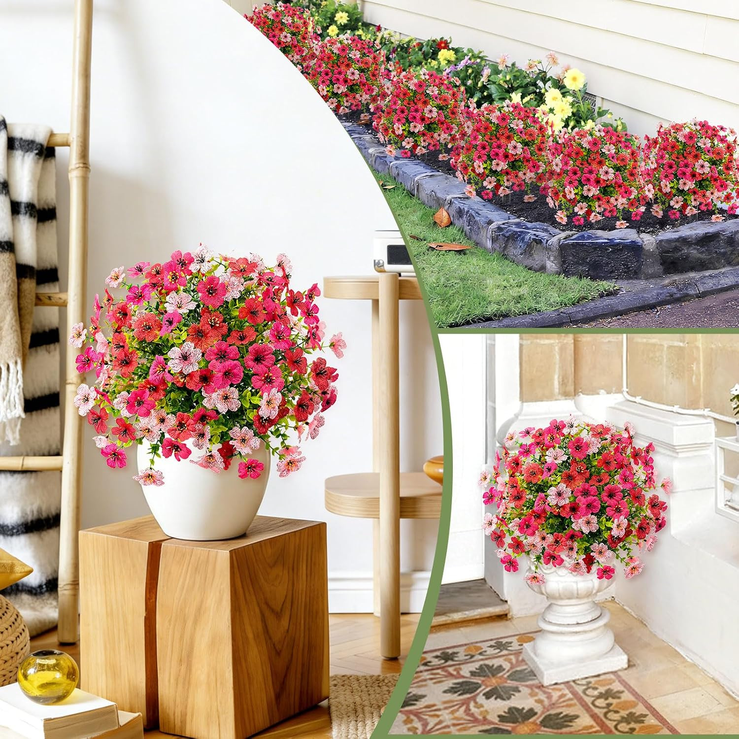 21″ UV Resistant Artificial Flower Bushes – 2 Pack for Outdoor Decor (Red, Pink)
