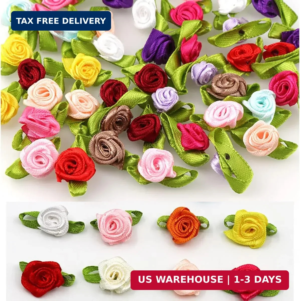 Mini Ribbon Roses, 100Pcs Artificial Fabric Flowers with Green Leaves Mixed Colo