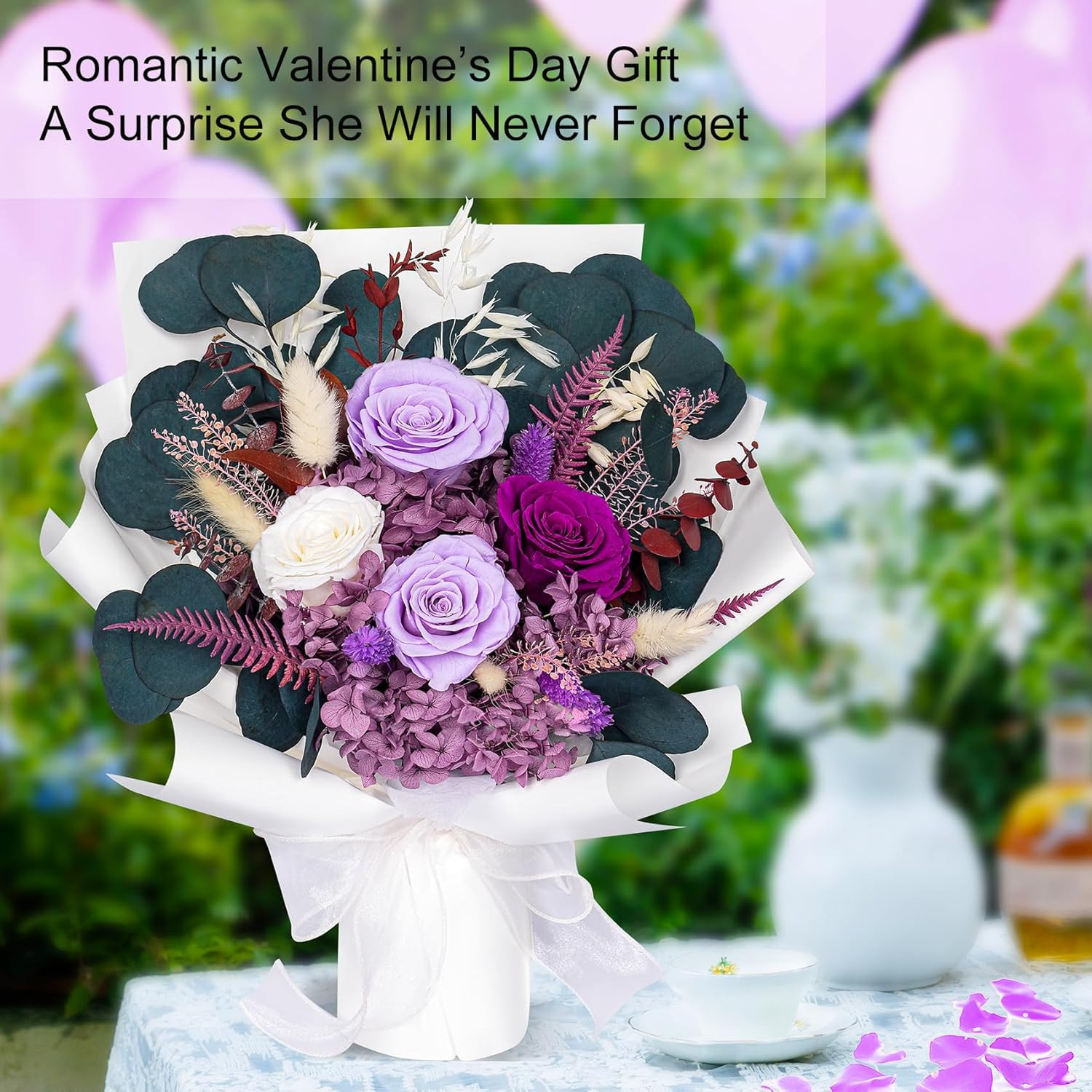 Purple Preserved Rose Bouquet Gift for Women Long Lasting Home Decor