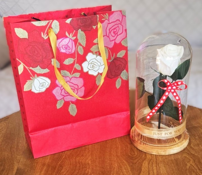 Rose Eternal White Real Flower in Glass Dome Lasts 2-3 Years Valentine’s Day Gif