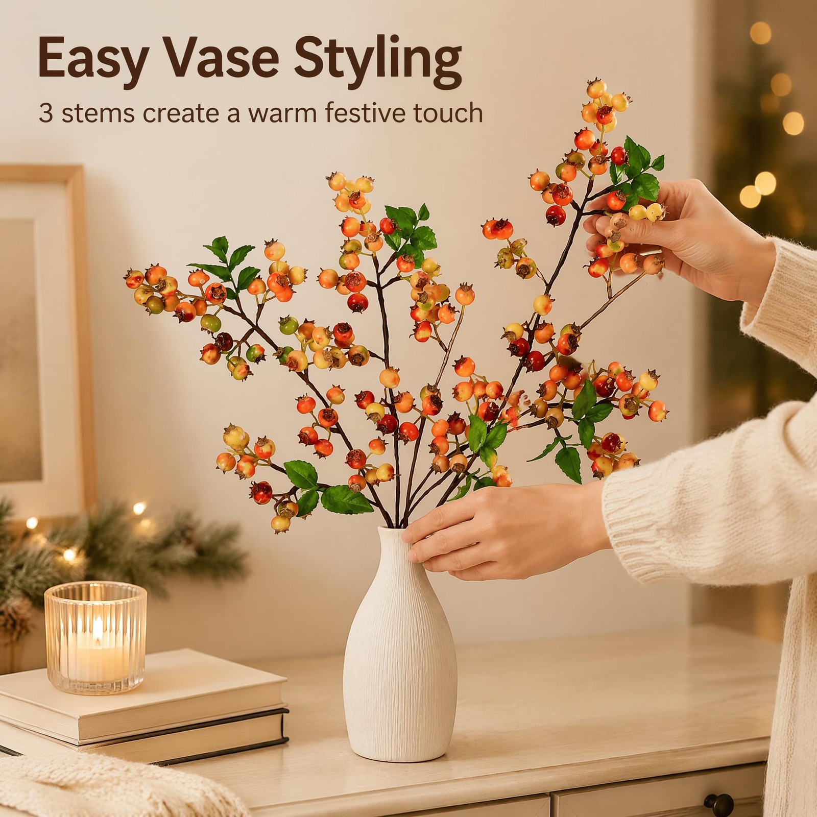 Fall Artificial Berries Stems 3Pcs Fake Blueberrys Orange Fruit vase Filler