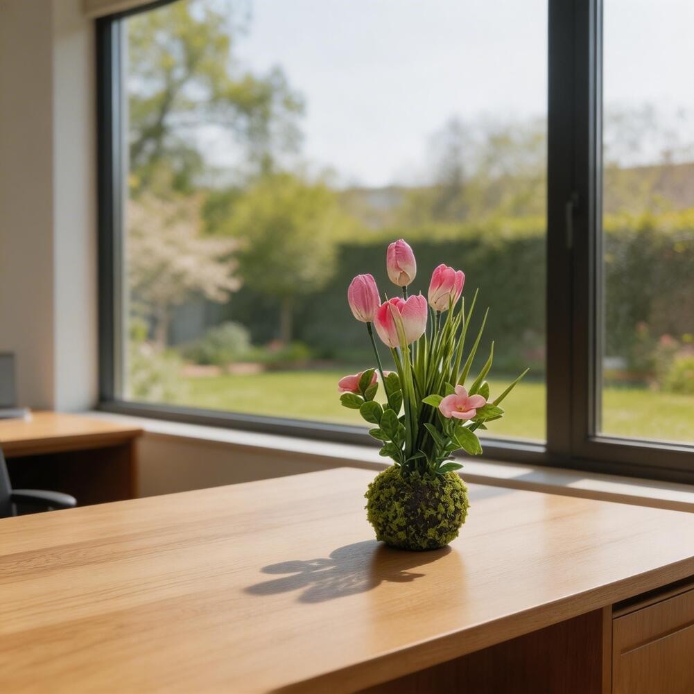 Artificial Tulip Flower with Moss Ball Base for Modern Scandinavian Decor Style