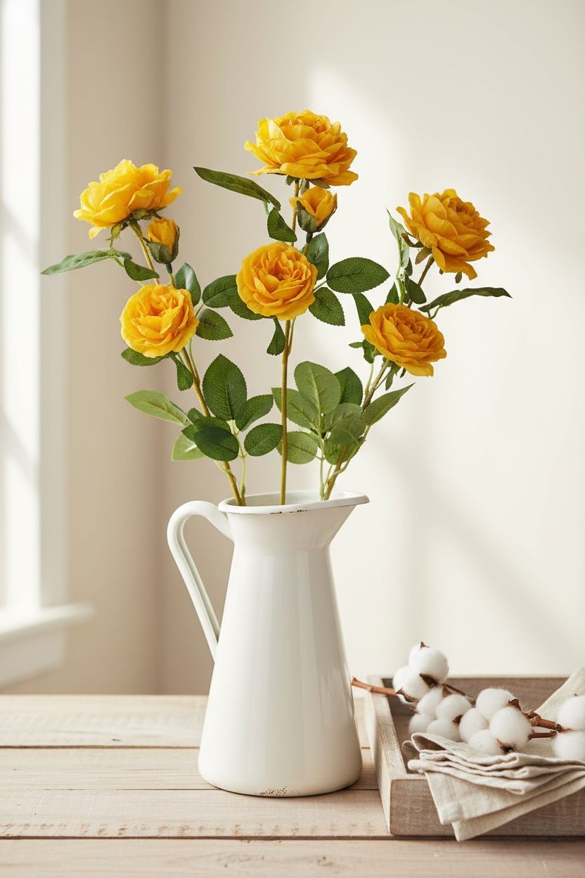 Set of 3 Golden Yellow Rose Stems Faux Roses Artificial Flowers Farmhouse Cottag