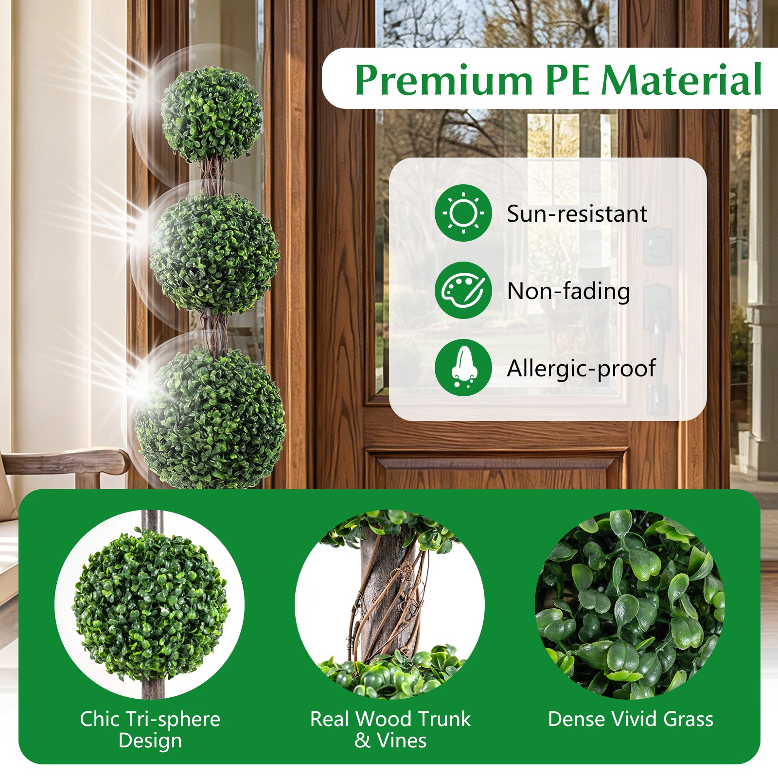 Artificial Triple Ball Boxwood Tree,Fake Topiary w/Cement-filled Retro Planter