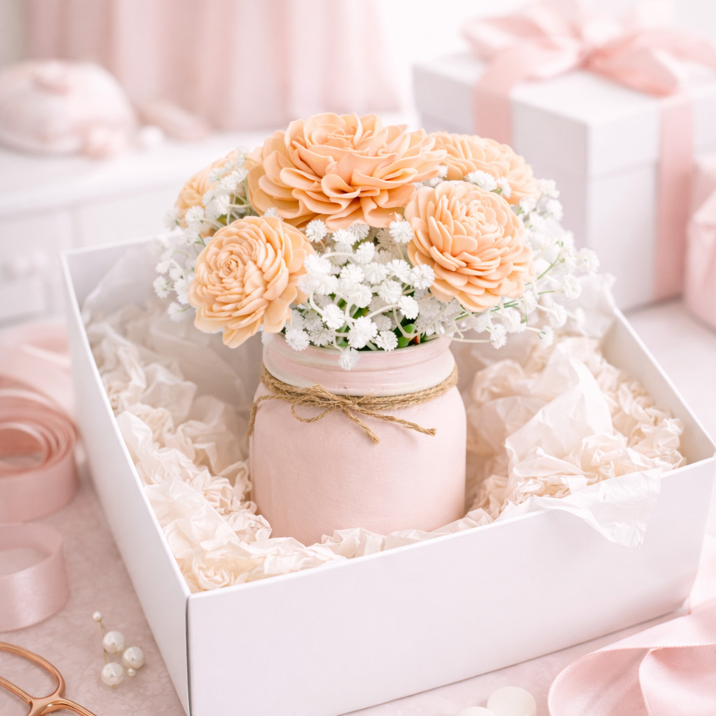 Pink Sola Wood Flowers Mason Jar Arrangement Baby Shower Centerpiece Home Decor