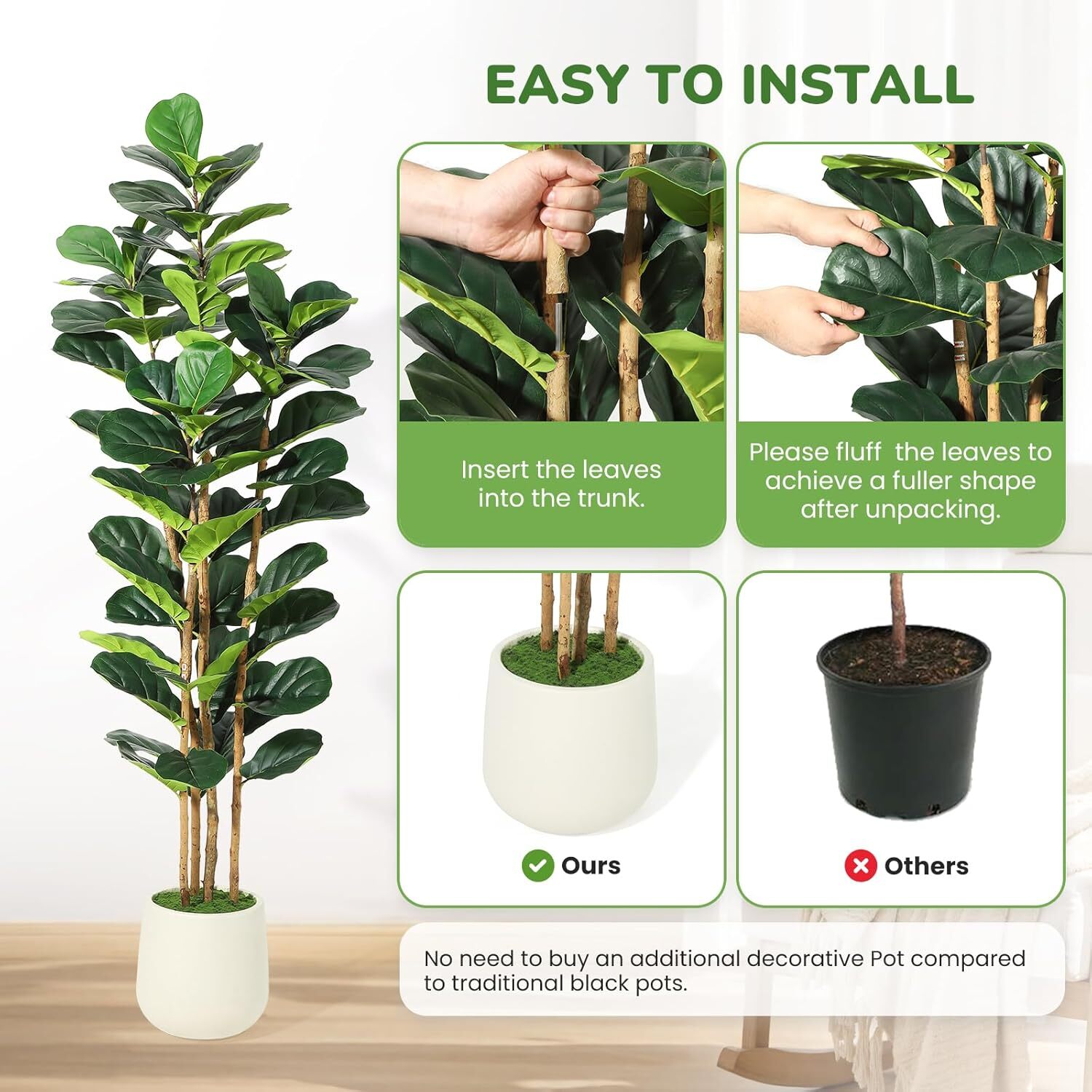 6/7FT Faux Fiddle Leaf Fig Tree with Tall Planter Lifelike Fake Tree for Home US