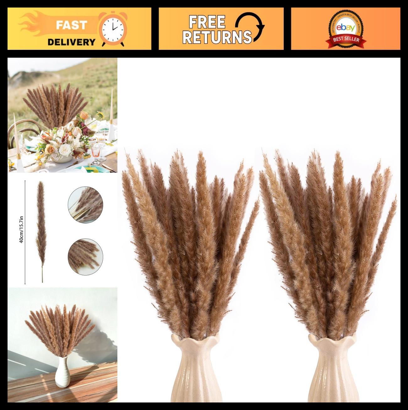 120pcs Dried Brown Pampas Grass – 17″ Natural Reed Plumes for Boho Decor & Weddi
