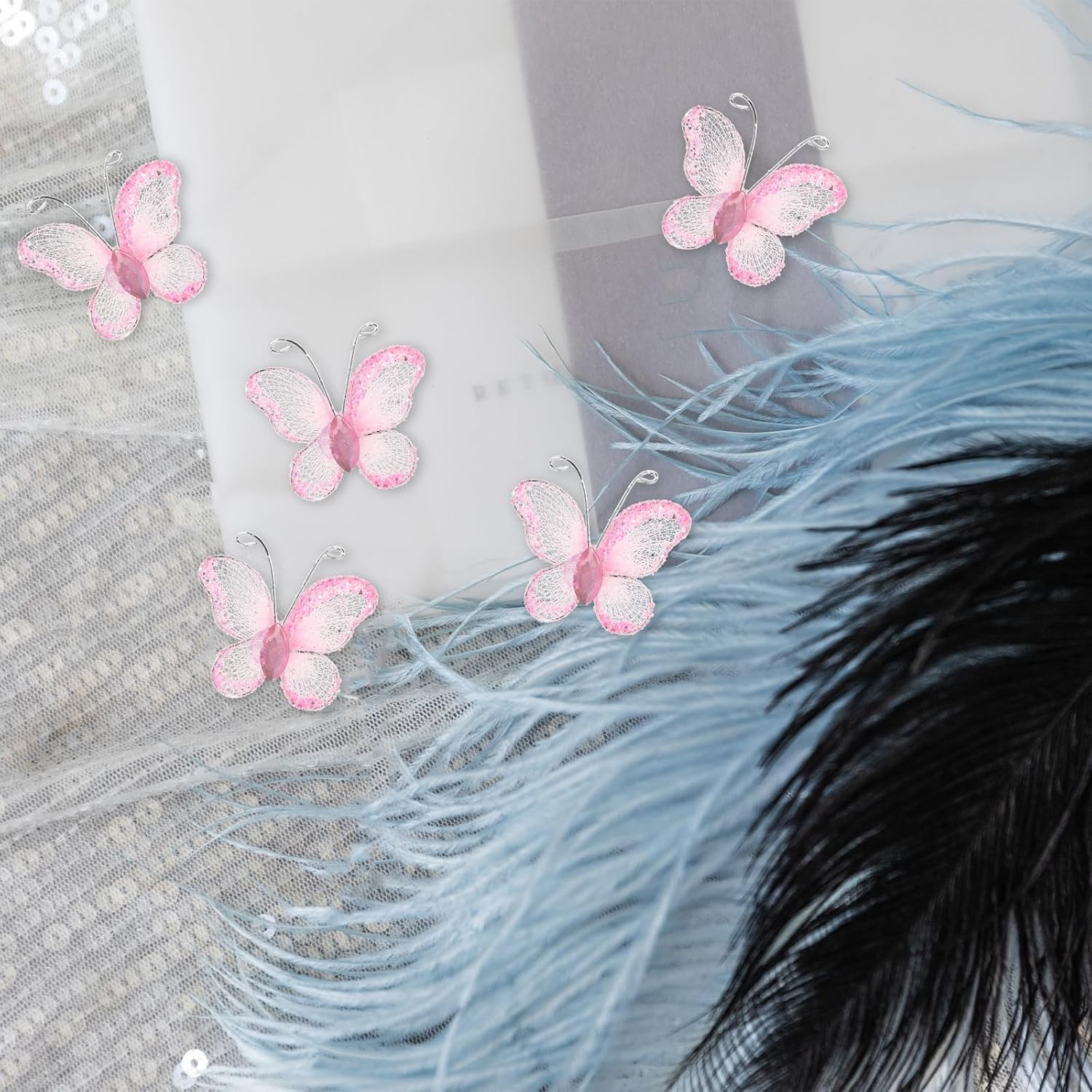 50Pcs Small Pink Butterflies Craft Pieces DIY Sheer Mesh Wire Glitter Butterfly