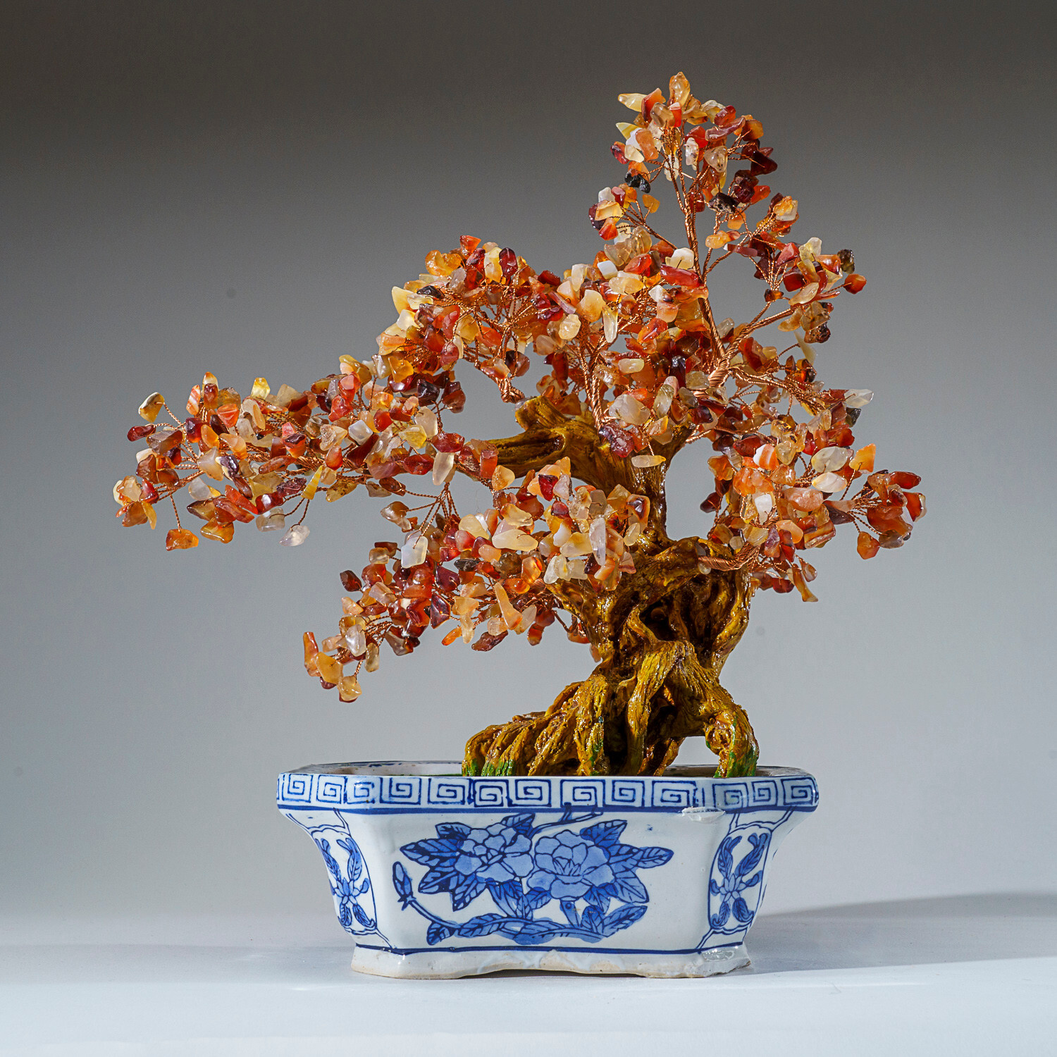 Genuine Carnelian Bonsai Gemstone Tree in Square Ceramic Pot (12”)