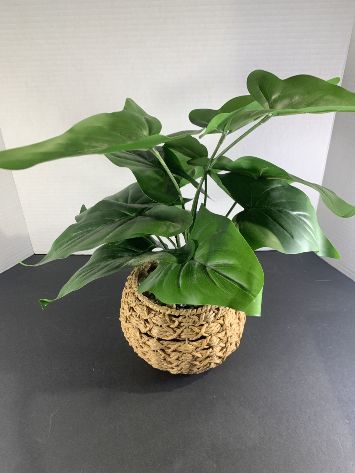 Faux Tropical Sweetheart Plant Seagrass Woven Planter Alocasia River Rock 12”