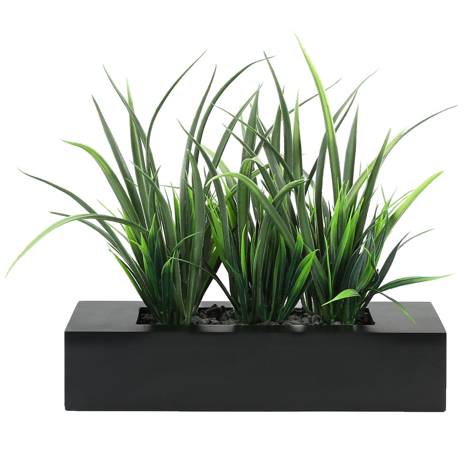 MyGift Artificial Green Grass Plants in Black Wood Rectangular Planter Pot