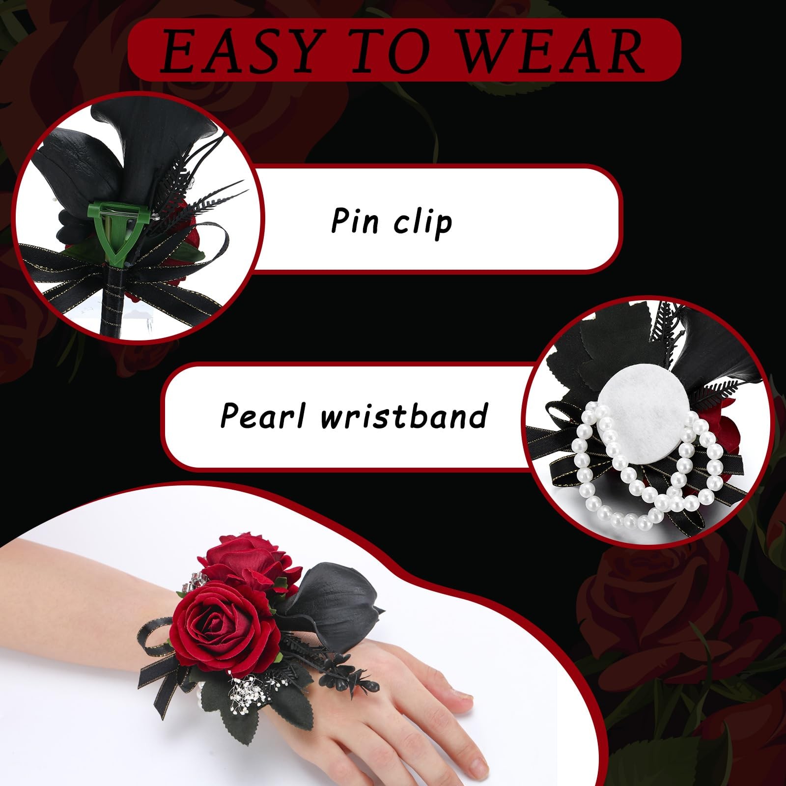 3 PCS Burgundy Red Black Rose Corsage Boutonniere PreTied Tie Wedding Prom