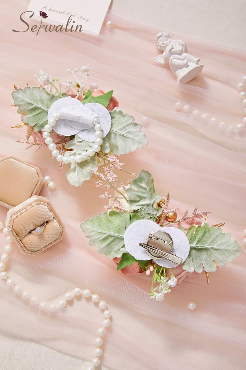 2 PCS Dusty Pink Wrist Corsage and Boutonniere Set Wedding Prom Ceremony