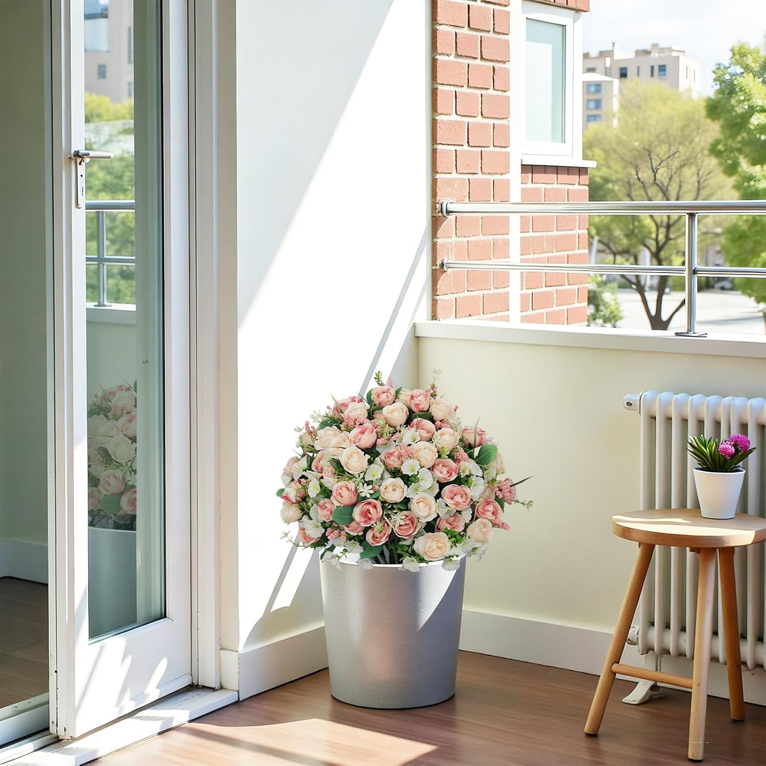 24″ Faux Rose & Eucalyptus Outdoor Flowers in Cement Pots – Set of 2