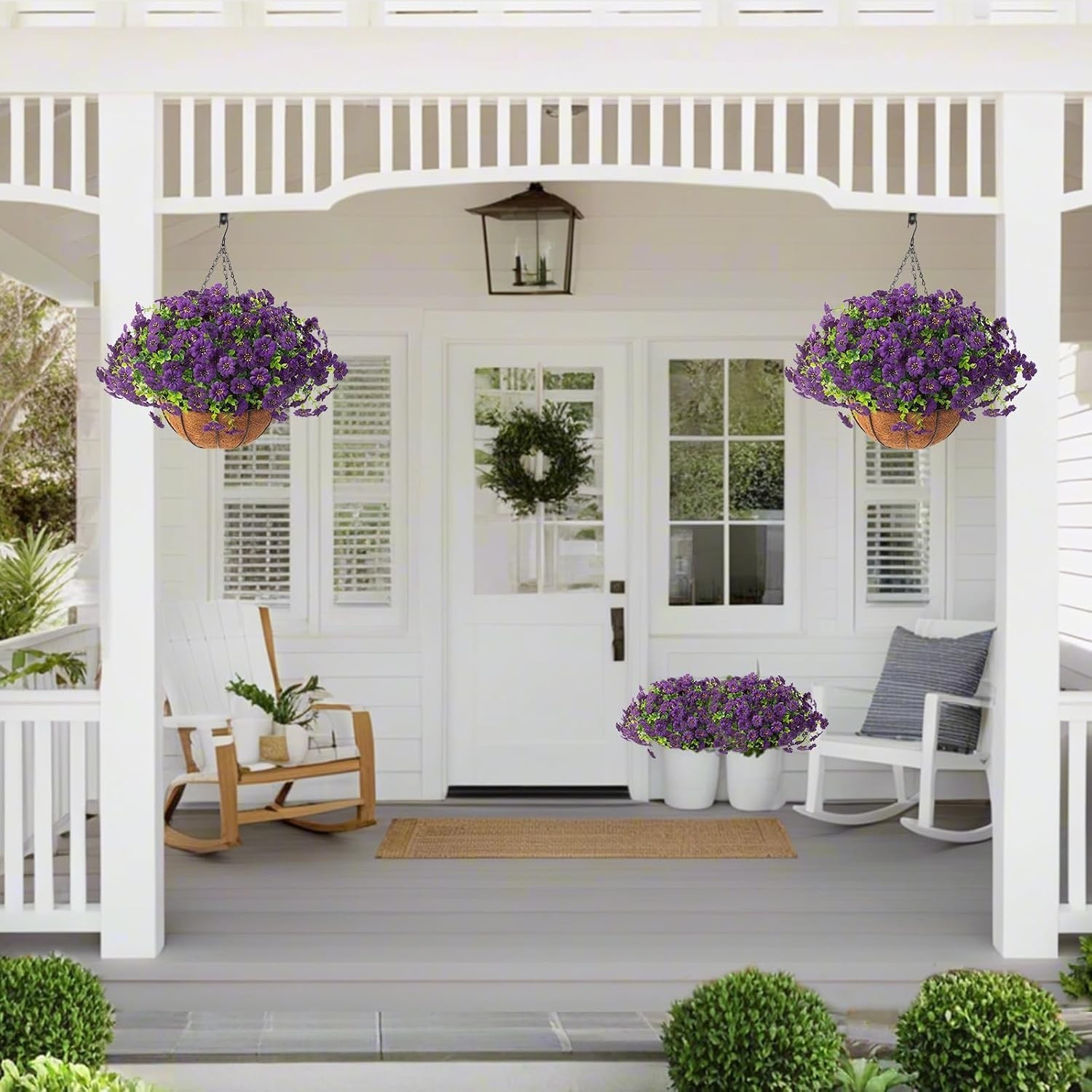 Vibrant Purple Artificial Outdoor Flower Baskets – Low Maintenance -Round Decor