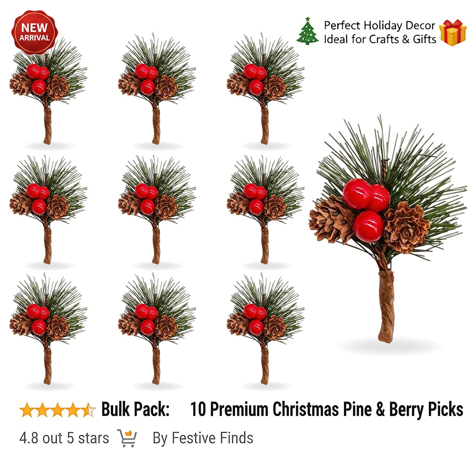 10 PCS Artificial Pine Branch Berries Pinecones Christmas Tree Decoration