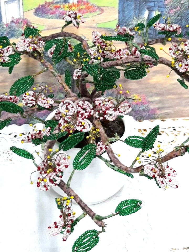 Vintage Crafted Seed Bead Cherry Blossom Bonsai Tree Arrangement in Ceramic Pot