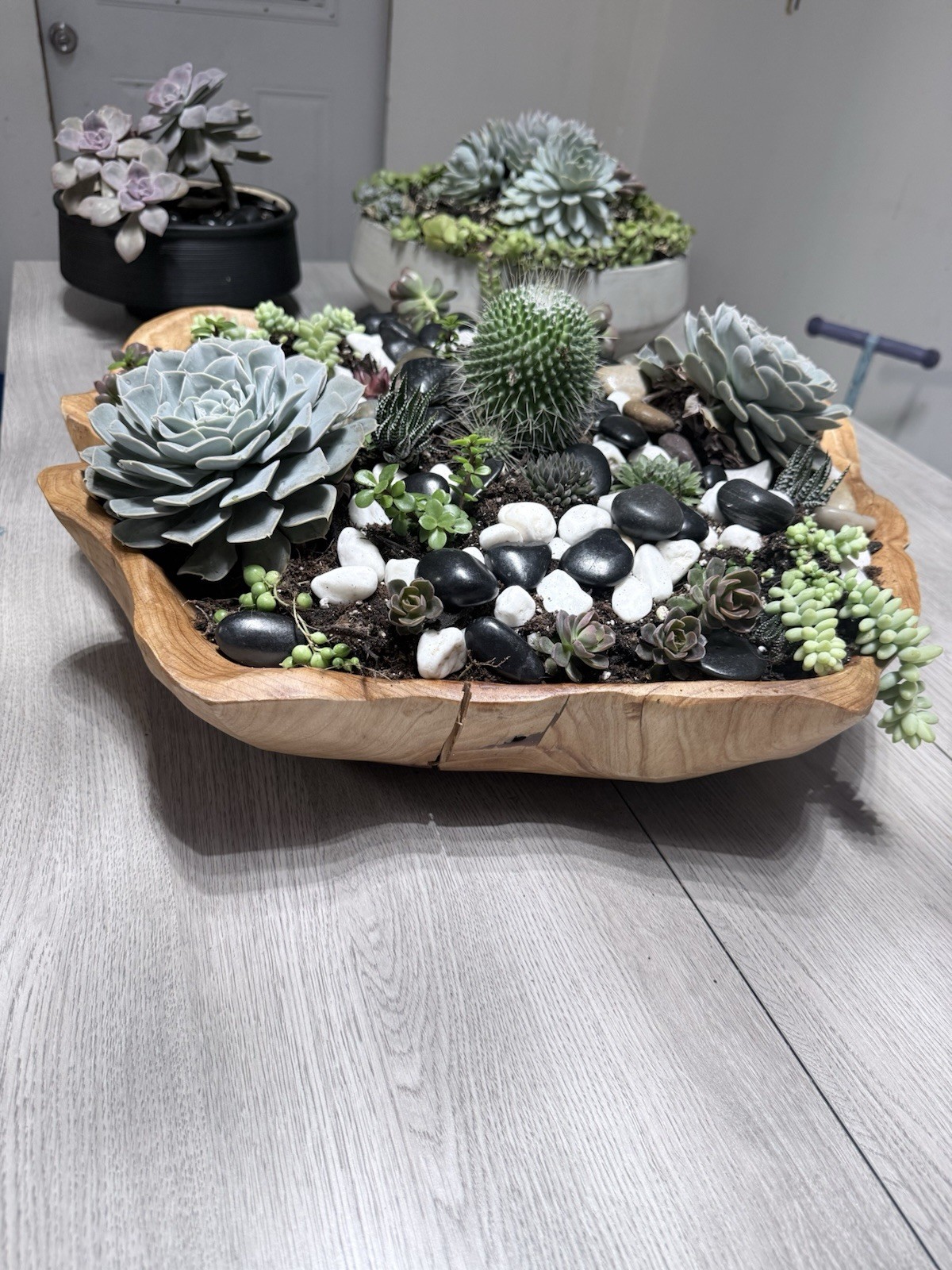 Succulent Plant Arrangement Artificial, Rectangular Wood Pot, Table Centerpiece