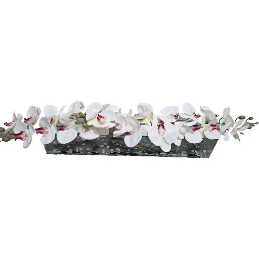 Floral Arrangement, Casa Moderna Glass Plate  W/ Faux White Orchids & Succulents