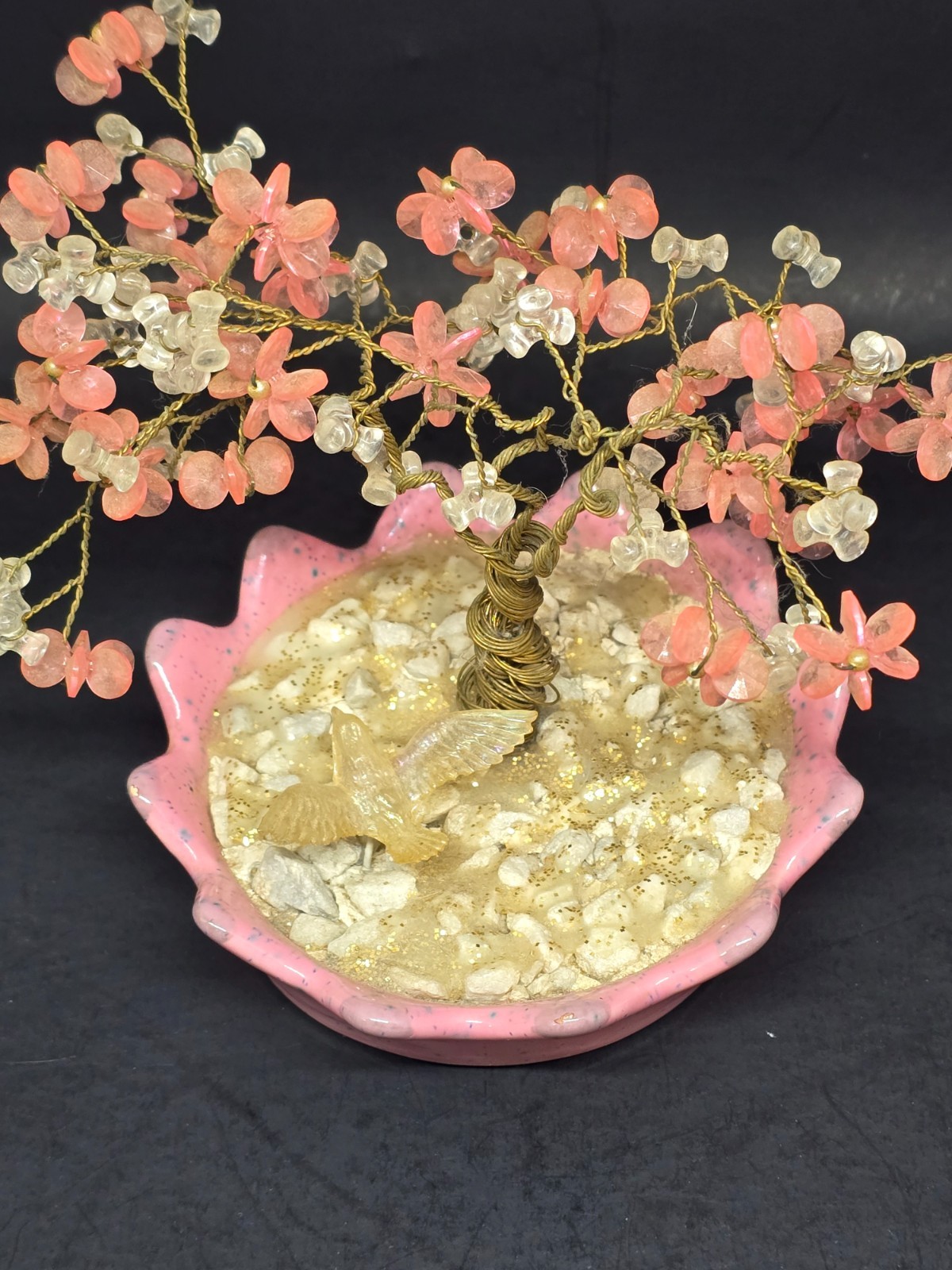Copper Wire Bonsai Tree, Pink & White Beads, White Rocks Pink Bowl Home Decor