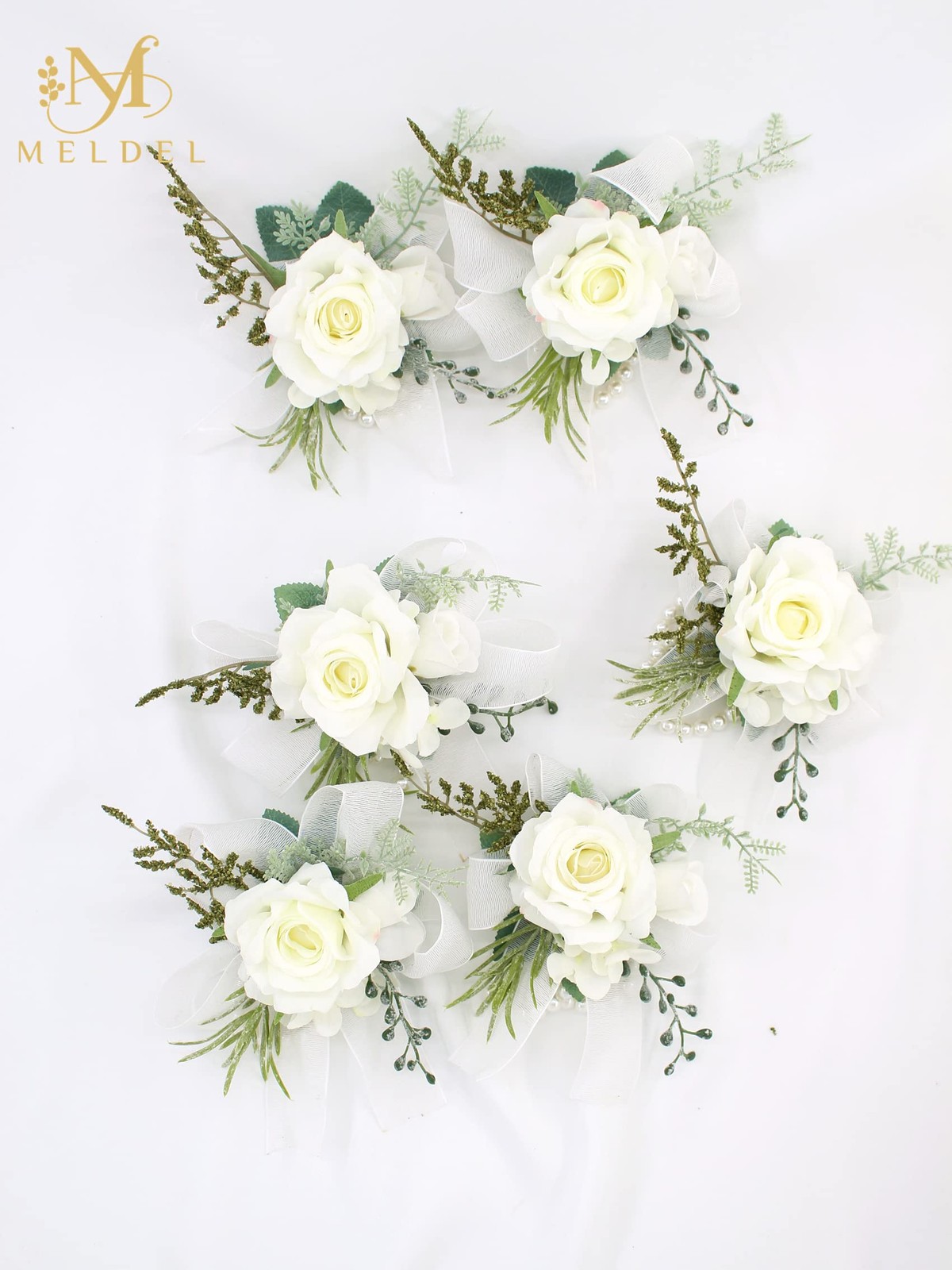 6 PCS Artificial White Rose Pearl Wrist Corsage Wedding Prom Party Bride