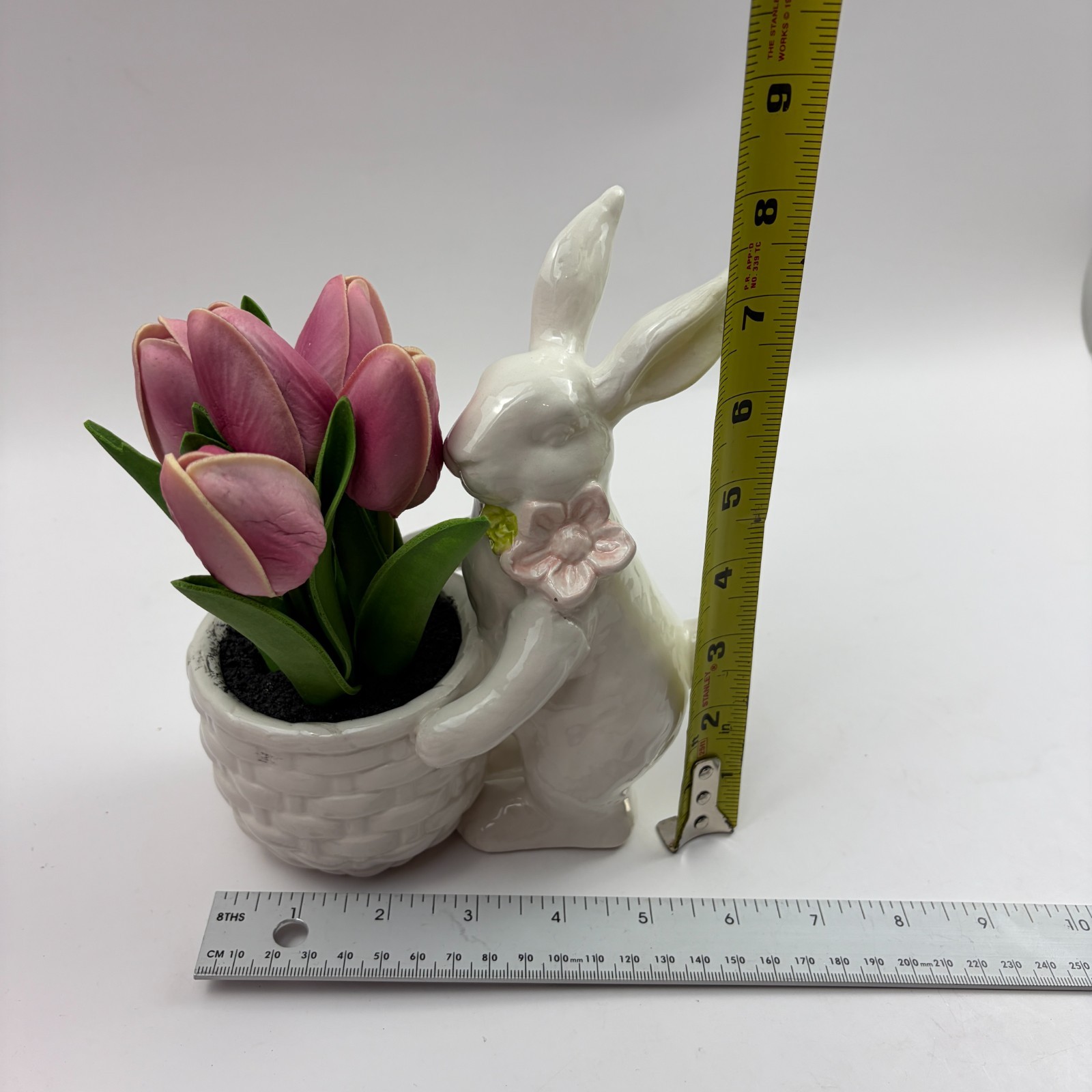 Easter Bunny Ceramic Planter Pink Tulips Spring Decor Table Centerpiece